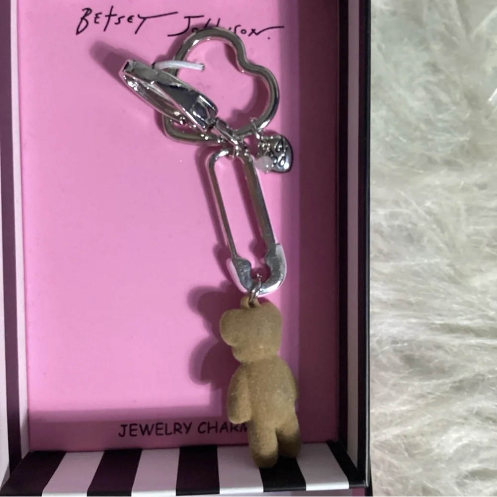 Betsey Johnson Pink Safety Pin Jewel Studded Teddy Bear Keychain Bag Charm NIB